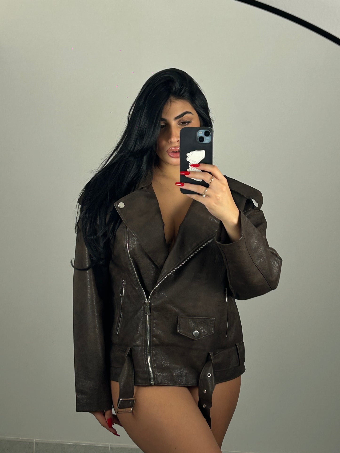 Giacca Over pelle marrone martellata